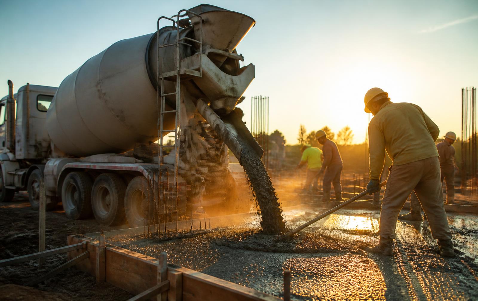 Caminhão betoneira descarregando concreto usinado em obra